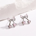 Silver bow cherry earrings with pink heart crystals and 18K gold plated accents - White Gold