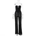 Detailed view of black lace jumpsuit featuring lace-up bodice and flared pants - XS / Black