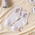 White cotton crew socks for women featuring a cute brown bear and Get Very Rich text - Flower Bear