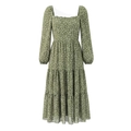 Square neck puff sleeve tiered midi dress in green polka dot print with smocked back - S / Green