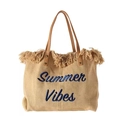 Summer Vibes woven tote bag with fringe trim and leather handles in beige - 46*33*19 / Apricot