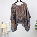 Dunkelblauer Chiffon-Poncho-Schal mit Paisley-Muster, Fransen am Saum und Rundhals - Oberteile / 110X110CM / Paisley Ethnisch