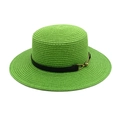 Detail of green straw boater hat featuring fine woven texture and black ribbon with gold buckle - M (56-58cm) / Fruit Green