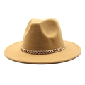 Detail of camel wool fedora hat featuring a chunky gold metal chain embellishment - M (56-58cm) / Camel