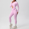 Dreiteiliges Yoga-Set mit High-Waist-Leggings samt Seitentaschen und langärmliger Jacke - Kirschblütenrosa