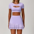 Two-piece light purple yoga set with hollow short sleeve top and pleated skirt - S / Top And Bottom / Short Sleeve And Short Skirt / Lilac Purple