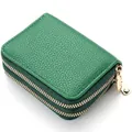 Green double-zipper card holder in litchi grain PU leather for women's wallets - Emerald Green