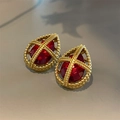 Vintage 18K gold teardrop stud earrings with textured gold cross and red crystal - E0920 Red Zirconia Stud Earrings