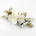 Bohemian bridal hair comb with white faux flowers and green leaves on silver metal - FS34-4 White