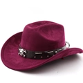 Detail of burgundy faux suede cowboy hat with skull emblem and studded leather band - M (56-58cm) / Burgundy