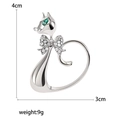 Silver cartoon cat brooch with green gem eyes and crystal bowknot, 4cm height size detail - Silver