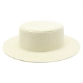 Detailed view of fine spiral weave pattern on a cream flat top straw beach hat - M (56-58cm) / Cream