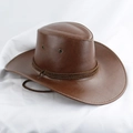 Classic brown leather cowboy hat with braided rope and metal air vents on white background - One Size 58cm Circumference / Western Cowboy Hat Style / Light Brown Leather