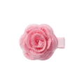 Detailed view of layered pink embroidered rose hair clip with fabric-wrapped safety base - Light Pink