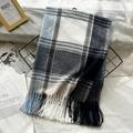 Classic plaid scarf in blue, white, grey, and black check pattern with soft tassels - Navy Blue White