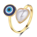 Goldener Edelstahlring mit bösem Blick und weißer Herzperle in offenem Design für Damen - Einheitsgröße / Gold
