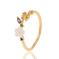 Exquisite gold-plated flower crown ring with colorful cubic zirconia and mother of pearl - White Flower Multi-colored Gemstone