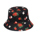 Classic black bucket hat with red apple fruit print and quilted sun protection brim - Black Red Apple Print (H)