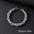 Silver stainless steel Byzantine chain bracelet with 10mm blue beads and lobster clasp - 21cm / Silver/10mm Light Blue Beads Inset Bracelet