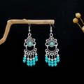 Bohemian tassel earrings with turquoise beads and silver base on a wooden display - Silver + Cyan Turquoise Beads (E5703-1)