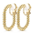 Detail of gold twisted clip-on earrings with white comfort pads on white background - Gold Twisted Rope Clip