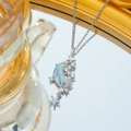 Collar de acero de titanio con luna y estrella, gema irisada y cadena plateada - Piedra Irisada Estrella y Luna (C521 Plateado)