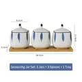 Ceramic seasoning jar set of 3 with blue leaf pattern and wooden tray - Grass Leaf Set (3 Jars + 3 Spoons + Tray)