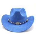 Détail d'un chapeau de cowboy en daim bleu roi avec cordon tressé et conchos en métal argenté - M(56-59CM) / Bleu Royal (Daim)