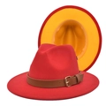 Detail of red wool fedora hat featuring a brown leather band and yellow contrast lining - M(56-58cm) / Red and Yellow