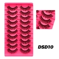 Set of 10 pairs of thick natural curly black false eyelashes on a pink tray - DSD10 (Red)