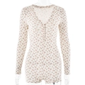 Blumiger V-Ausschnitt Langarm-Jumpsuit in Beige mit Knopfdetails und Slim-Fit-Stil - L / Weiß