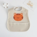 Waterproof baby bib in beige featuring an orange cartoon tiger with a leak-proof pocket - Pu Sling (double-layer Pocket) - Single Tiger / One Size