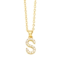 Detailed view of a gold-tone necklace with a S-letter pendant inlaid with pearls - Gold Letter S
