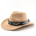 Khaki suede western cowboy hat with decorative bull head leather band and curved brim - M (56-58cm) / Camel