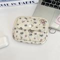Quilted cotton pouch with purple floral and bear prints on a desk with a laptop - Purple Flower Toy Bear