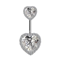 Silver belly button ring with double heart-shaped cubic zirconia and halo diamond accents - Double Heart Style