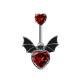 Silver belly button ring with red heart gemstone, black bat wings and skull design - Silver - Red Heart Bat Skull