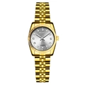 Detail view of gold women's watch featuring a silver dial with diamond indices - Small Gold Silver Dial