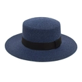 Detail of dark blue boater hat with black grosgrain ribbon and fine straw texture - M (56-58cm) / Navy Blue