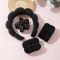 Black plush cloud headband with wristbands and flower clip for face washing and makeup - Black Headband Wristbands And Plumeria Clip