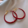 Detail shot of red C-shape plush enamel earrings on silk background with gold posts - Round Style (9#) / Red