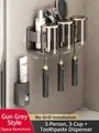 Wall-mounted gunmetal grey toothbrush holder with three cups and toothpaste dispenser - Gun Grey Toothbrush Holder + 3 Cups + Toothpaste Squeezer