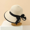 French style straw sun hat for women with a black bow and ribbon trim in cream white - M(56-58cm) / Milky White