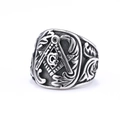 Bague franc-maçon vintage en acier inoxydable avec symbole G et gravures de feuilles - US 7 / Couleur Acier (07408)