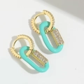 Elegant gold heart earrings with turquoise enamel and white zircon stones in pairs - Lake Blue Hoop (ES2663-6)
