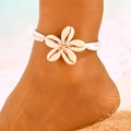 Bohemian shell anklet with white bead chain and flower design worn on beach - White Bead Shell Anklet / White
