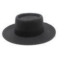 Detail of classic black woven straw boater hat with flat crown and wide decorative ribbon - Black