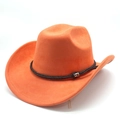 Detail of orange suede cowboy hat with brown braided leather band and metal buckle - M(56-58cm) / Orange (Suede)