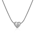 Polished stainless steel snake chain necklace featuring a silver heart charm with letter I - Letter I - Steel Color