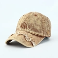 Vintage washed tan denim baseball cap with distressed brim and frayed edges design - Adjustable / Khaki